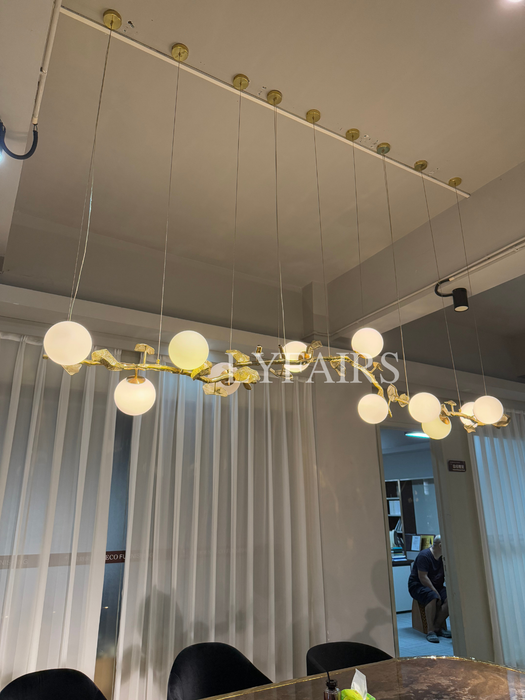 Luxury Linear Brass Branches Chandelier with White Globe Glass