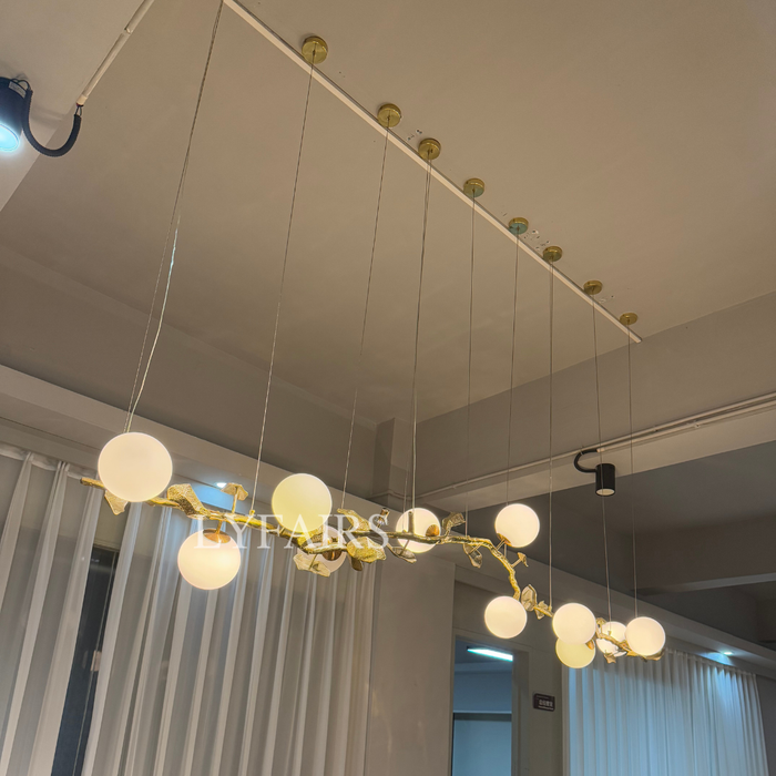 Luxury Linear Brass Branches Chandelier with White Globe Glass
