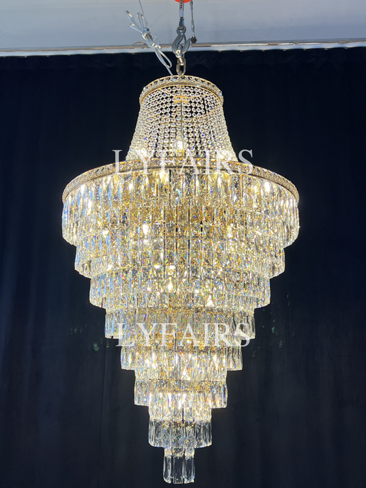 Magnífico candelabro Extra grande para vestíbulo, accesorio de iluminación de techo de cristal escalonado para decoración para sala de estar