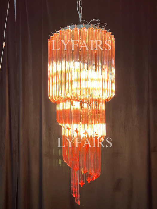 Mid-Century Modern Pink/Transparent Glass Cascading Spiral Chandelier