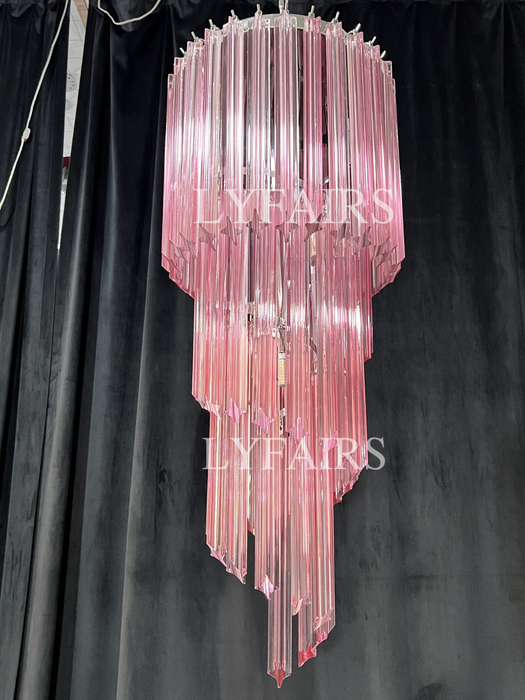 Mid-Century Modern Pink/Transparent Glass Cascading Spiral Chandelier