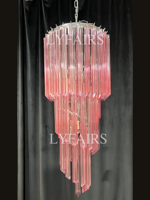 Mid-Century Modern Pink/Transparent Glass Cascading Spiral Chandelier