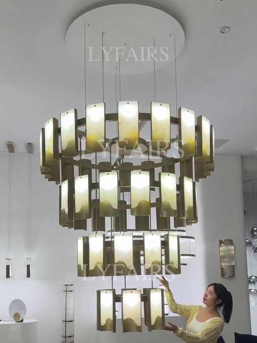 Modern 1/2/3/4 Tier Round Brass Chandelier with Jade