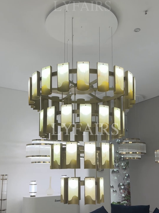 Modern 1/2/3/4 Tier Round Brass Chandelier with Jade