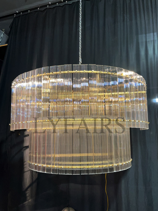 Modern 2-Tier Round Handmade Fluted Glass Panels Chandelier