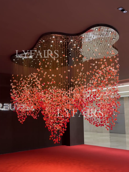 Modern Cascading Red Glazed Glass Stone Art Chandelier for Mansion/ Hotel Lobby/Luxury Hall
