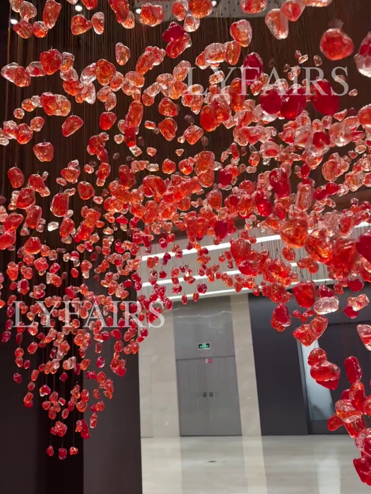 Modern Cascading Red Glazed Glass Stone Art Chandelier for Mansion/ Hotel Lobby/Luxury Hall