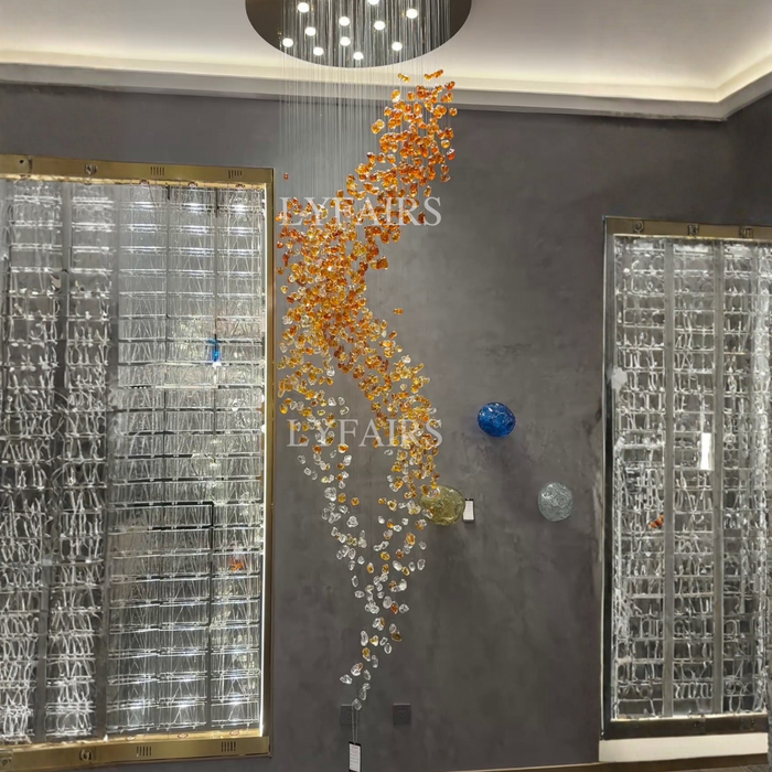 Modern Cascading Spiral Orange Glazed Glass Stone Chandelier for High Ceiling