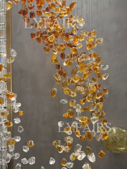 Modern Cascading Spiral Orange Glazed Glass Stone Chandelier for High Ceiling