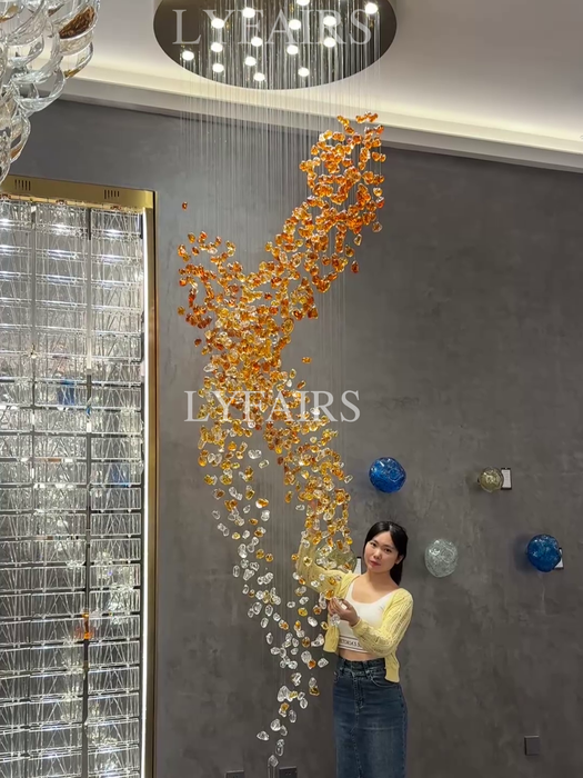 Modern Cascading Spiral Orange Glazed Glass Stone Chandelier for High Ceiling