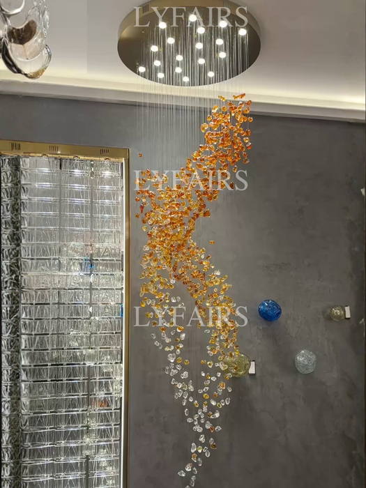 Modern Cascading Spiral Orange Glazed Glass Stone Chandelier for High Ceiling