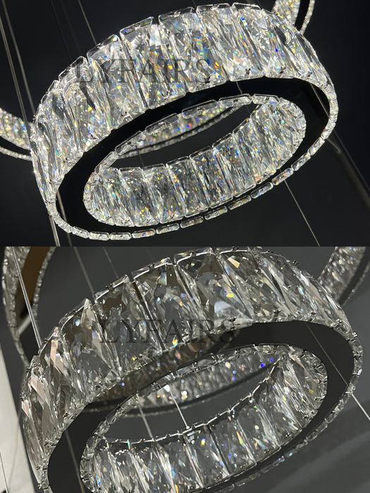 Lámpara de araña de cristal con anillo en capas moderna para sala de estar/foryer/escalera de techo alto