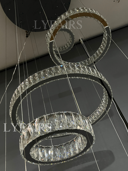 Lámpara de araña de cristal con anillo en capas moderna para sala de estar/foryer/escalera de techo alto