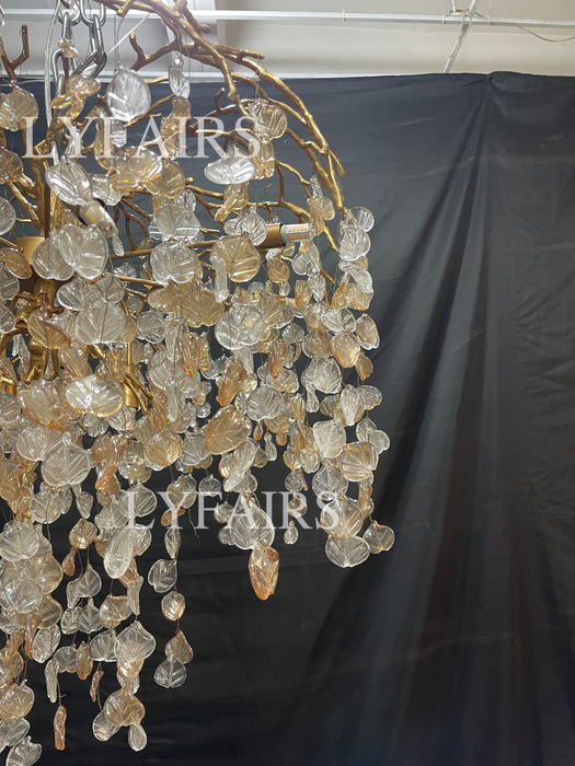 Lampadario di cristallo moderno e lussuoso con ramo di foglie, rame artistico, per soggiorno/sala da pranzo/camera da letto