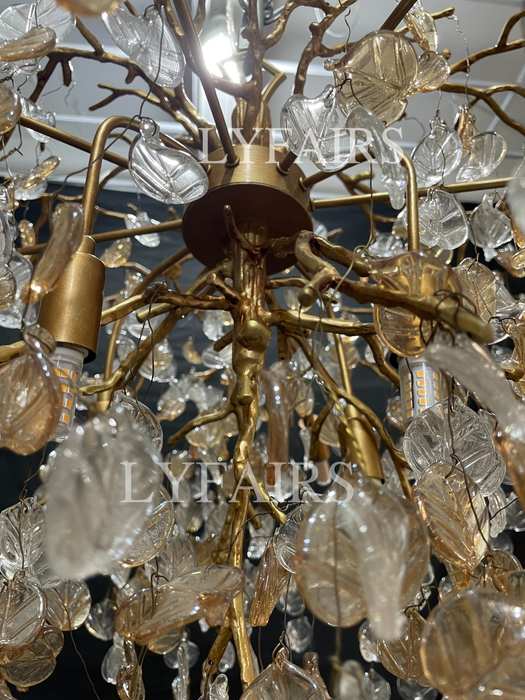 Lampadario di cristallo moderno e lussuoso con ramo di foglie, rame artistico, per soggiorno/sala da pranzo/camera da letto