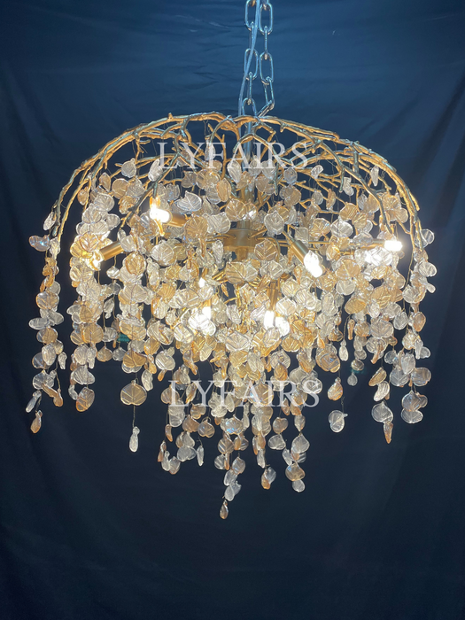 Lampadario di cristallo moderno e lussuoso con ramo di foglie, rame artistico, per soggiorno/sala da pranzo/camera da letto