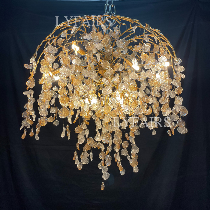 Lampadario di cristallo moderno e lussuoso con ramo di foglie, rame artistico, per soggiorno/sala da pranzo/camera da letto