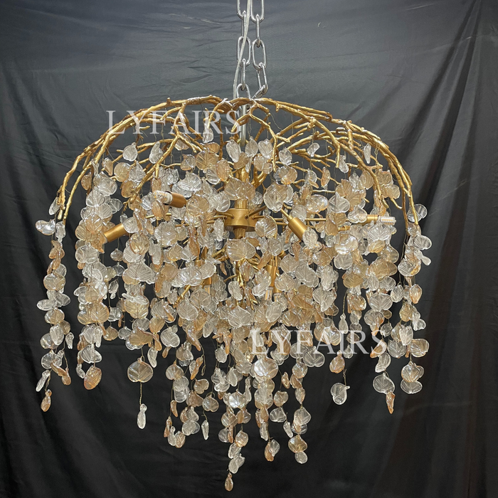 Lampadario di cristallo moderno e lussuoso con ramo di foglie, rame artistico, per soggiorno/sala da pranzo/camera da letto