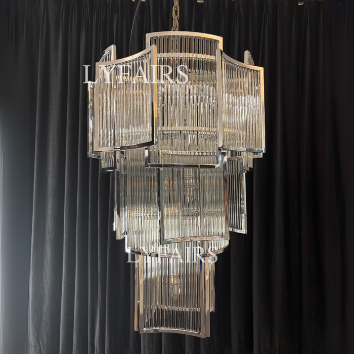 Modern Multi-tiered Tiles Crystal Rods Chandelier for High-ceiling