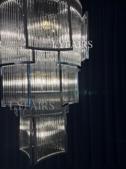 Modern Multi-tiered Tiles Crystal Rods Chandelier for High-ceiling