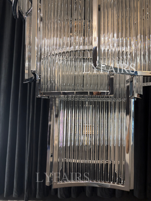 Modern Multi-tiered Tiles Crystal Rods Chandelier for High-ceiling