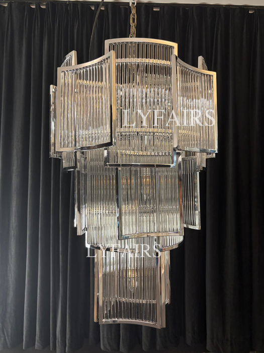 Modern Multi-tiered Tiles Crystal Rods Chandelier for High-ceiling