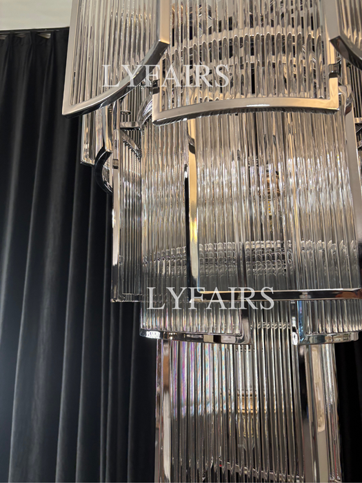 Modern Multi-tiered Tiles Crystal Rods Chandelier for High-ceiling