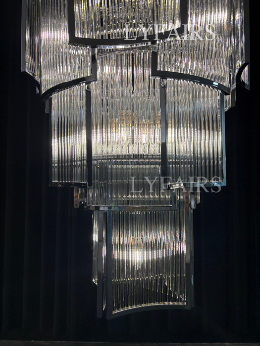 Modern Multi-tiered Tiles Crystal Rods Chandelier for High-ceiling
