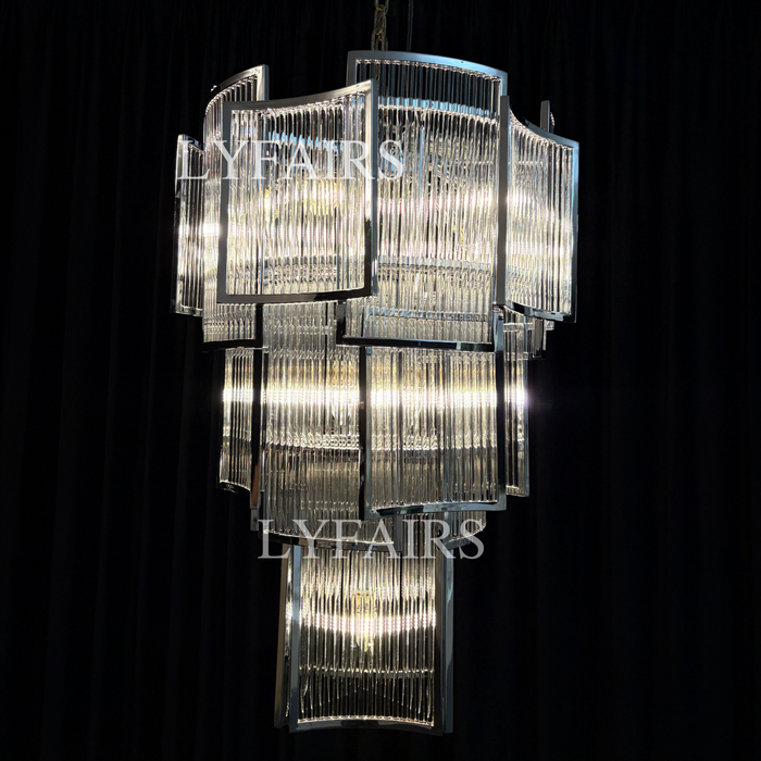 Modern Multi-tiered Tiles Crystal Rods Chandelier for High-ceiling