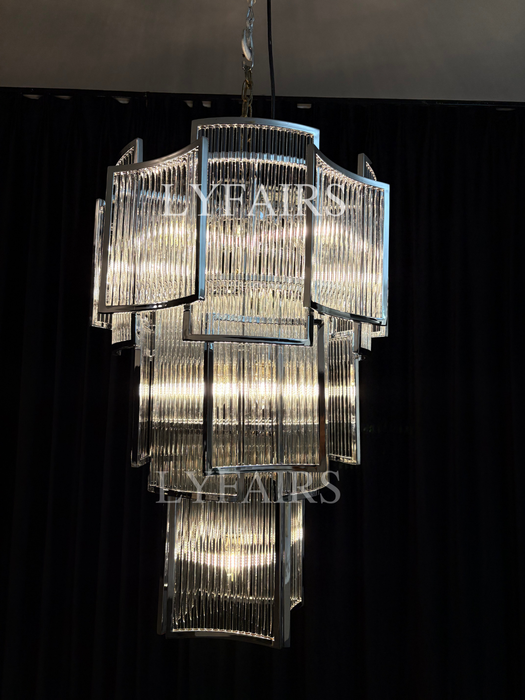 Modern Multi-tiered Tiles Crystal Rods Chandelier for High-ceiling