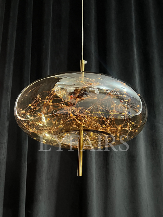 Modern Scandinavian Drum/Cylinder/Oval/Globe-Shaped Amber/Smoky Gray Glass Pendant