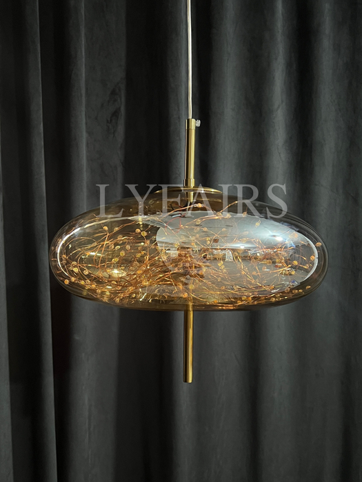Modern Scandinavian Drum/Cylinder/Oval/Globe-Shaped Amber/Smoky Gray Glass Pendant