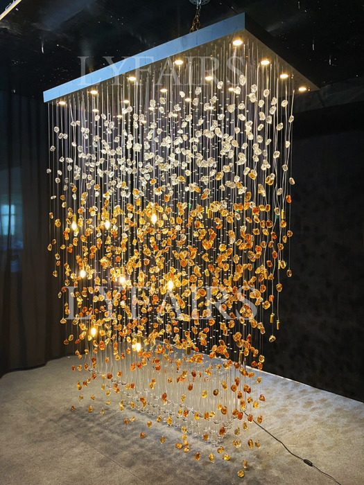 Modern Waterfall Glass Gem Stone&Teardrop Chandelier With Rectangle Canopy for Villa/Hotel/Entryway/Living Room