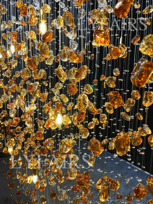 Modern Waterfall Glass Gem Stone&Teardrop Chandelier With Rectangle Canopy for Villa/Hotel/Entryway/Living Room