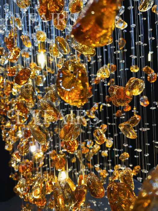Modern Waterfall Glass Gem Stone&Teardrop Chandelier With Rectangle Canopy for Villa/Hotel/Entryway/Living Room