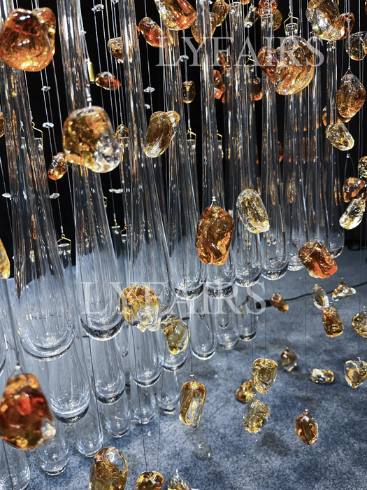 Modern Waterfall Glass Gem Stone&Teardrop Chandelier With Rectangle Canopy for Villa/Hotel/Entryway/Living Room