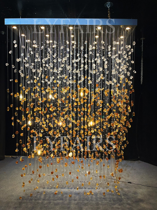 Modern Waterfall Glass Gem Stone&Teardrop Chandelier With Rectangle Canopy for Villa/Hotel/Entryway/Living Room