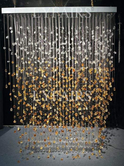 Modern Waterfall Glass Gem Stone&Teardrop Chandelier With Rectangle Canopy for Villa/Hotel/Entryway/Living Room