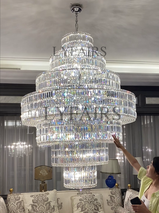 Multi Tiered Round Crystal Chandelier in Chrome for Living Room/Duplex/Staircase/Entryway