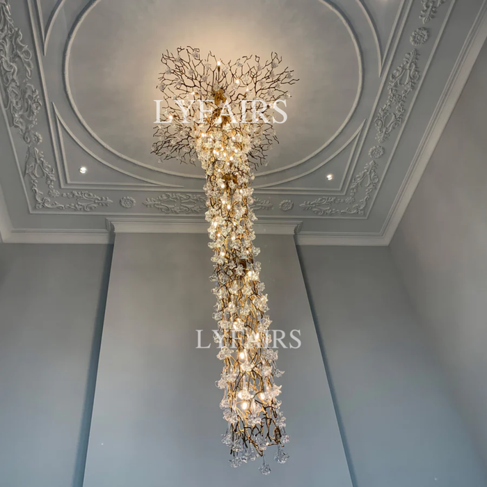 Nature-inspired Brass Tree Chandelier with Glazed Glass Flowers