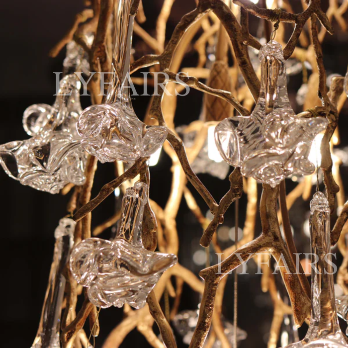 Nature-inspired Brass Tree Chandelier with Glazed Glass Flowers
