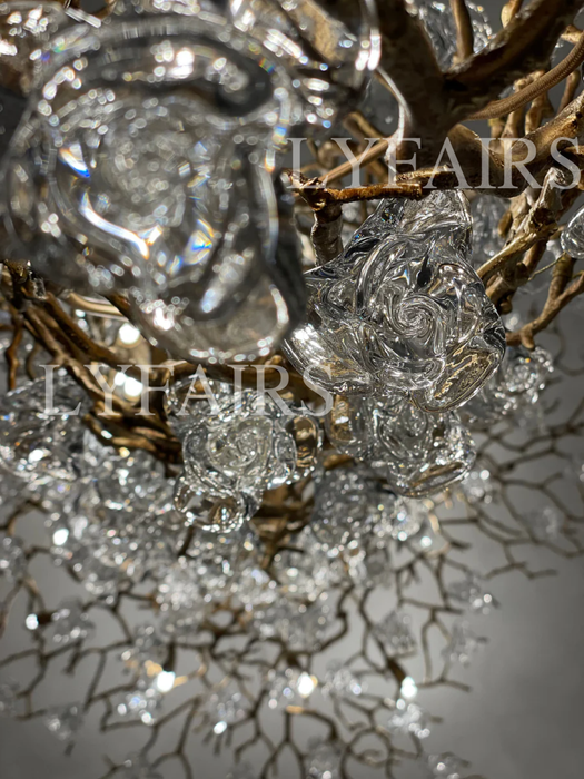 Nature-inspired Brass Tree Chandelier with Glazed Glass Flowers