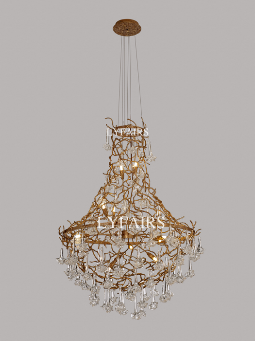 Nature-inspired Brass Tree Chandelier with Glazed Glass Flowers