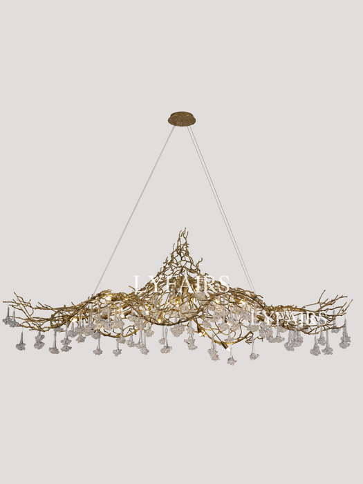 Nature-inspired Brass Tree Chandelier with Glazed Glass Flowers