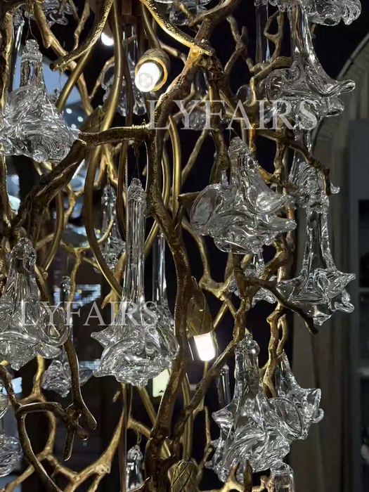 Nature-inspired Brass Tree Chandelier with Glazed Glass Flowers