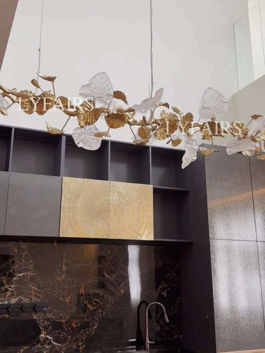 Nature-inspired Linear Brass Branches Chandelier with Glass Leaves