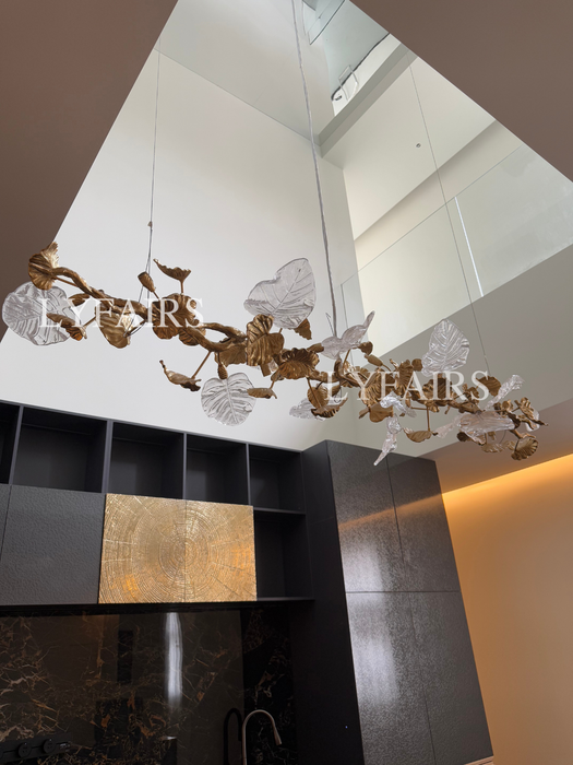 Nature-inspired Linear Brass Branches Chandelier with Glass Leaves