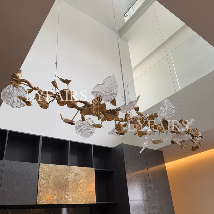Nature-inspired Linear Brass Branches Chandelier with Glass Leaves