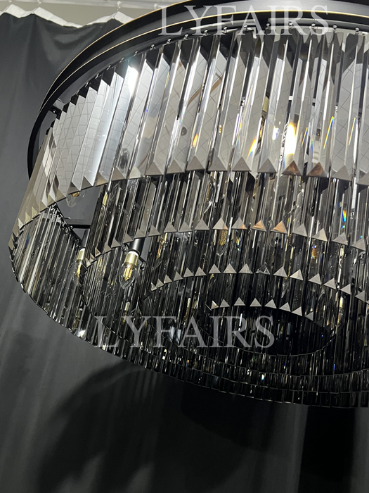 Lámpara de araña de cristal de isla de cocina de moda en acabado negro/gris ahumado Luz colgante de cadena rectangular de dos niveles/lámpara para mesa de comedor larga