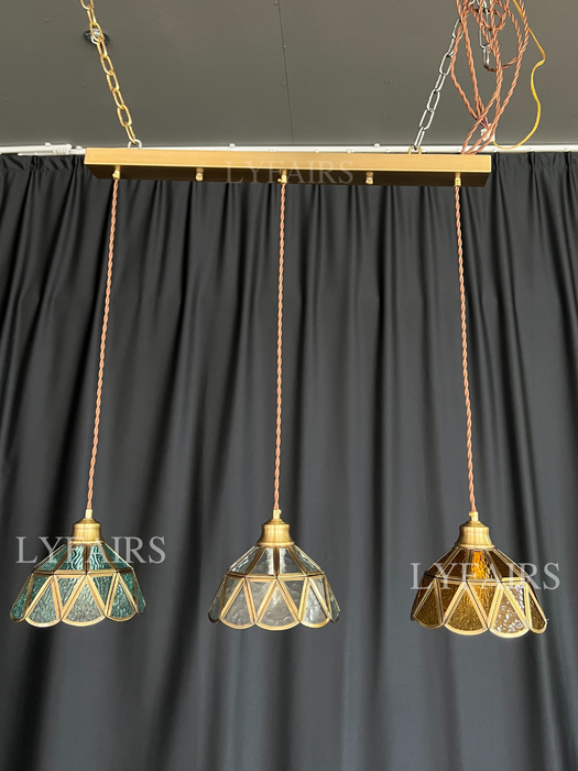 Tiffany Vintage Brass and Stained Glass Irregular Lattice Pendant Chandeliers for Dining/Bedsid/Bar